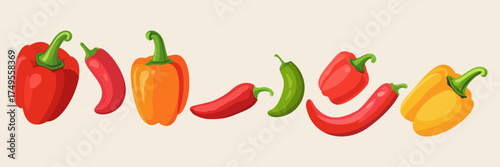 Paprika and pepper. Vibrant vegetable collection of vector isolated elements