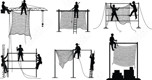 Construction workers installing safety nets at high-rise building site, industrial safety equipment setup, teamwork and protection in construction workplace environment