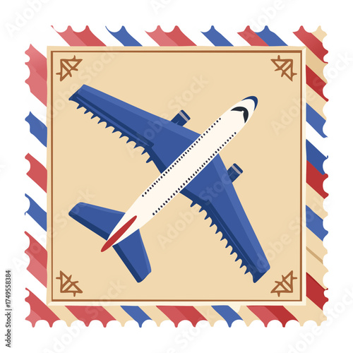 Illustration of a diagonal view of a propeller airplane flying, featured on a vintage airmail travel stamp