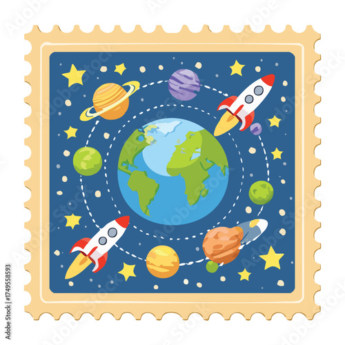 Illustration of a colorful space exploration stamp featuring planet Earth, rockets, stars, and various celestial bodies