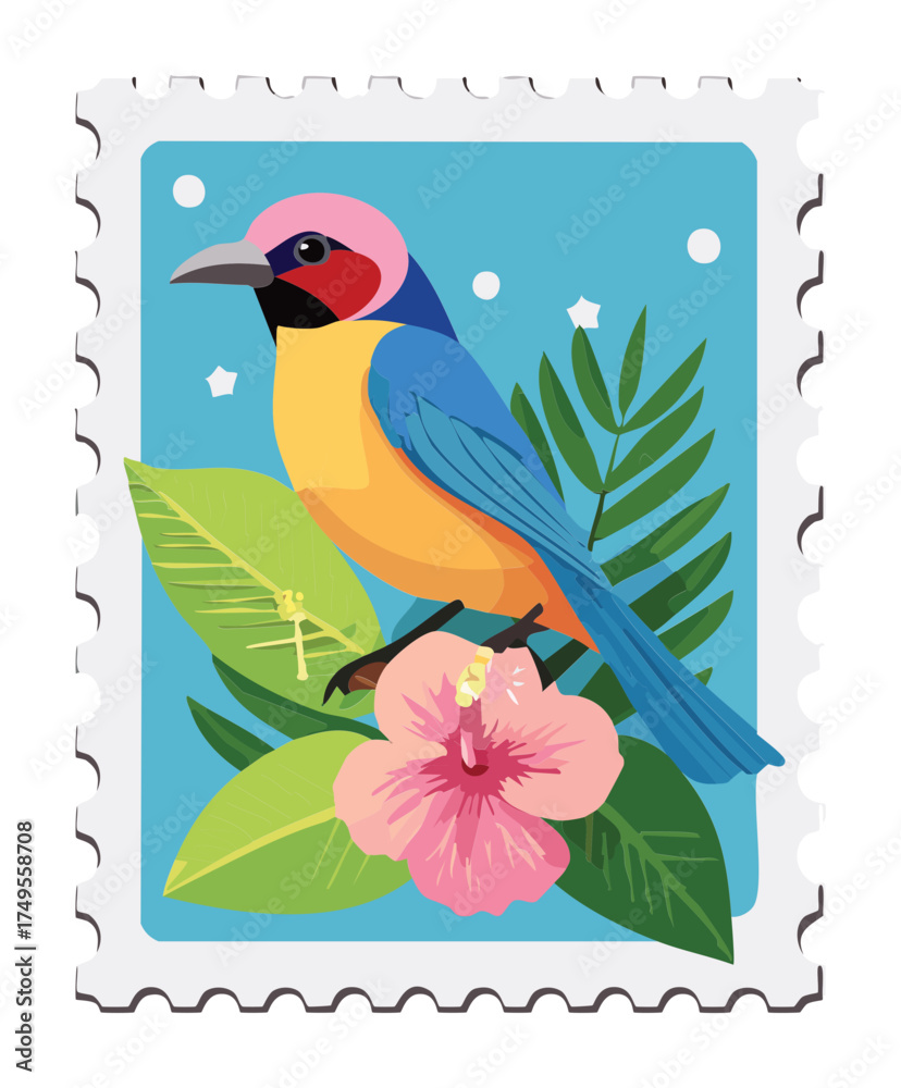 Fototapeta premium Illustration of an exotic yellow and red bird perched amongst vibrant palm leaves and tropical pink hibiscus flowers, bright postage stamp