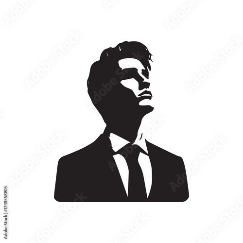 A bold black silhouette of a confident businessman wearing a formal suit and tie looking upward with determination symbolizing leadership vision and ambition This minimalist vector artwork represents 