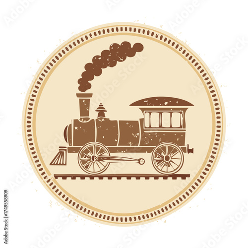 Illustration of a vintage circular stamp design featuring a classic steam engine train puffing smoke through the hills