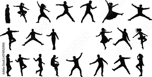 Dancing people silhouette collection, men and women jumping and moving vector illustration, energetic human poses, black and white dance design, performance concept art