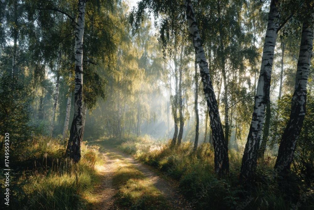 Fototapeta premium birch forest trail with sunlight through leaves peaceful woodland autumn atmosphere concept of nature lifestyle travel meditation promotion