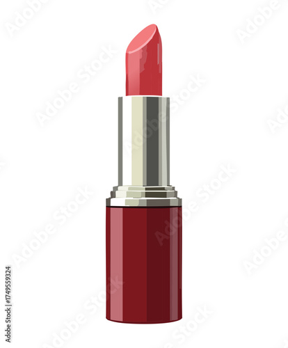 Illustration of a classic open lipstick tube in a deep rosy pink or maroon shade, essential makeup for modern women