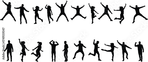Jumping and dancing people silhouette set, men and women celebrating vector illustration, joyful motion design, black and white energetic pose, happiness concept art