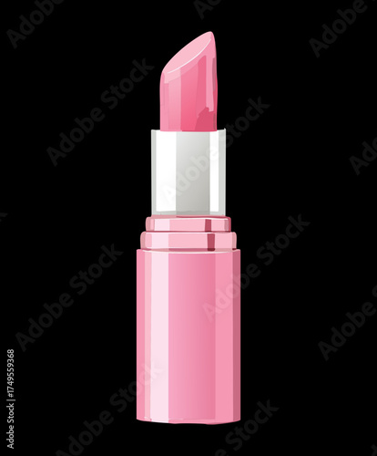 Illustration of a glamorous vibrant pink lipstick in a shiny black tube with a subtle highlight on a contrasting dark background