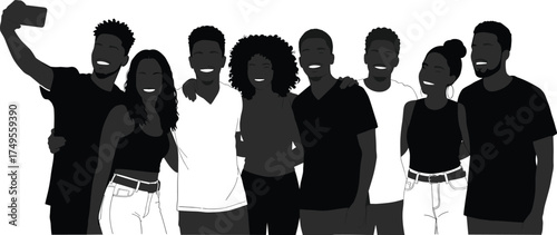 Happy friends group taking selfie together, smiling and posing for photo, friendship, youth lifestyle, fun moments, togetherness, diverse people enjoying social connection