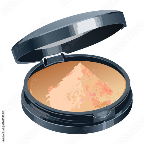 Illustration of a sleek dark blue open compact container with loose face powder inside, realistic cosmetic product vector