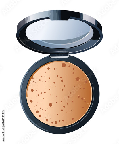 Illustration of a realistic open face powder cosmetic compact foundation with an integrated mirror, light to medium skin tone