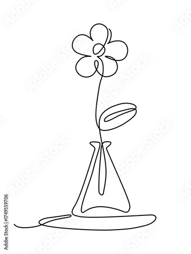Minimal continuous one line drawing of a single flower in a vase, elegant and simple vector illustration for modern decor, minimalist floral artwork on white background, Editable stroke.