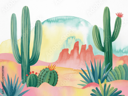 Pastel desert landscape illustration with cactus and succulent plants, watercolor style mountains and sun background, soft colorful nature scenery for poster, print or wall art design