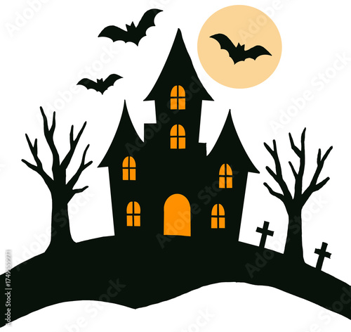 Silhouette of Haunted House with Bats and Moon