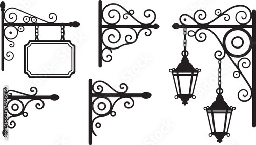 Ornate black metal hanging signposts and lanterns wrought iron decorative
