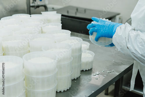 Mozzarella cheese factory. Produces handmade mozzarella with fresh milk, close up