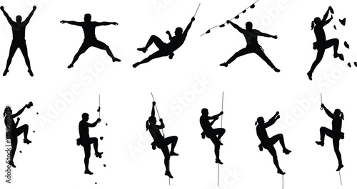 Silhouette collection of rock climbers, men and women climbing walls or mountains using ropes and harnesses, extreme sport vector illustration
