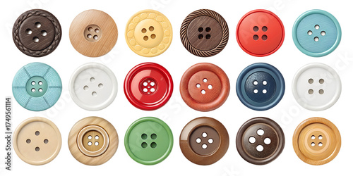 Clothing Buttons Set isolated Buttons of Various Sizes and Materials on Transparent Background