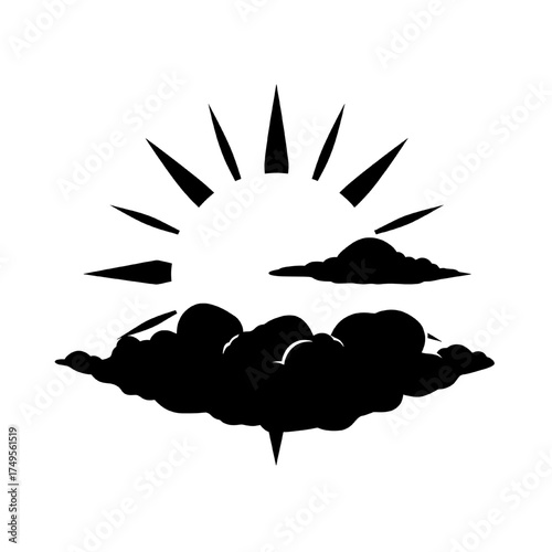 a stylized black silhouette of a sun partially obscured by clouds on a white background