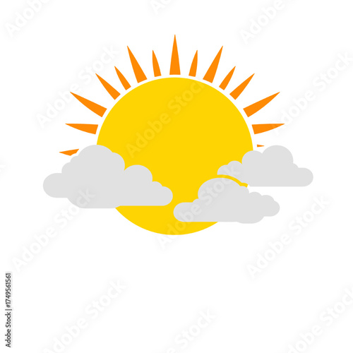 a simple cartoon depiction of a sun obscured by fluffy gray clouds on a white background