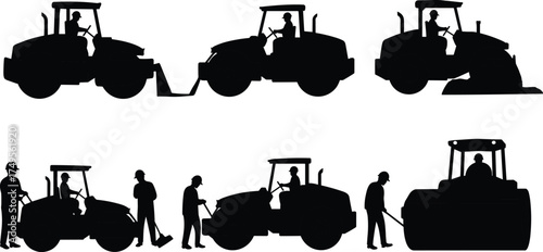 Silhouette construction workers operating road roller and heavy machinery, teamwork on asphalt paving site, road construction and maintenance industrial illustration