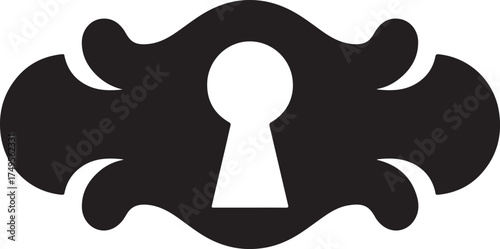 Ornate keyhole emblem stylized black silhouette white