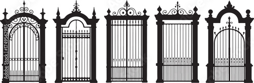 Ornate wrought iron gates with decorative finials and arched tops black