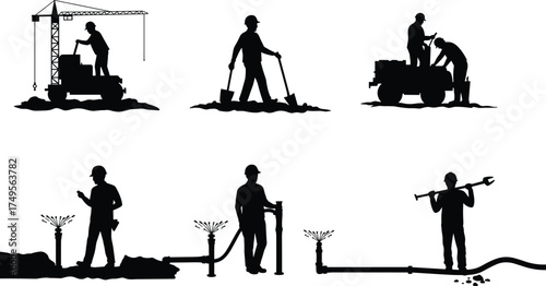 Silhouette of construction and plumbing workers operating machinery, digging soil, installing water pipes, repairing irrigation system, teamwork in civil engineering maintenance