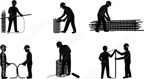 Silhouette of construction workers assembling and tying steel rebar, reinforcing metal structures, teamwork, civil engineering, and building foundation preparation concept illustration
