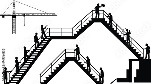 Silhouette of construction workers building staircase structure, metal railing installation, teamwork on construction site, industrial architecture and civil engineering development concept