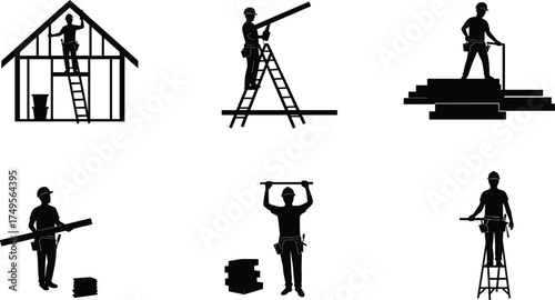 Silhouette of construction workers building wooden frame structure, measuring beams, using ladders, teamwork on house construction site, professional builders working safely