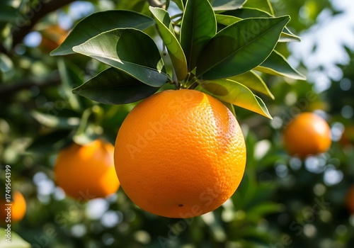 Ripe Orange Hanging on Tree Branch in Sunlight.