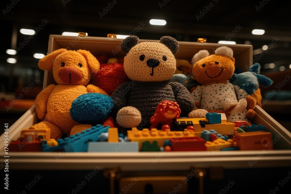 Obraz premium Kids toy storage filled with cuddly toys and stackable blocks.