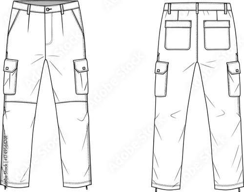 Technical flat vector illustration of men cargo pants front and back view with pockets and stitching details for fashion design