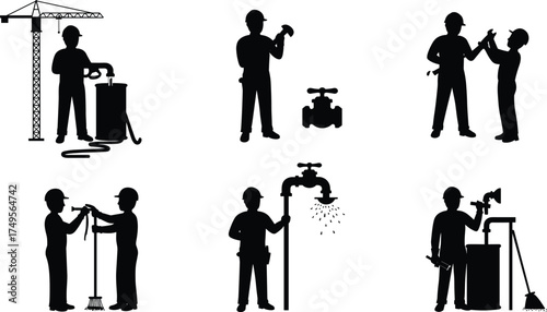 Silhouette of construction workers installing and repairing water pipes, plumbing maintenance, teamwork with tools, industrial pipe system and infrastructure development concept