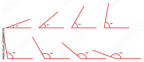 Angles degrees template set. Various angles 20, 40, 60, 80, 100, 120, 140, 160 degree icon set. Math, trigonometry and geometry symbols. Education material illustration.