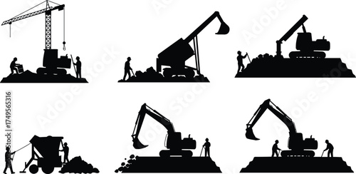 Silhouette of construction workers operating excavator, crane, and heavy equipment, digging soil, loading sand, teamwork in building site, industrial engineering project
