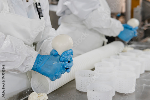 Mozzarella cheese factory. Produces handmade mozzarella with fresh milk, close up