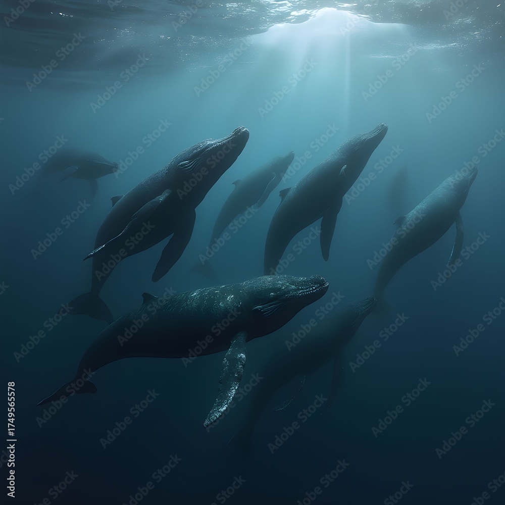 Obraz premium A Majestic Pod of Whales Ascending Towards Light