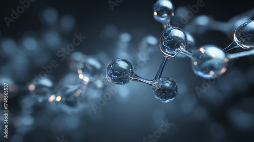 Abstract 3D molecular structure with glowing peptide chain of spherical nodes and tubular links floating in dark blue space symbolizing biological communication
