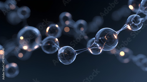 Abstract 3D molecular structure with glowing peptide chain of spherical nodes and tubular links floating in dark blue space symbolizing biological communication

