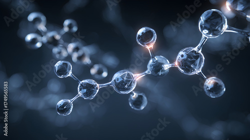 Abstract 3D molecular structure with glowing peptide chain of spherical nodes and tubular links floating in dark blue space symbolizing biological communication
