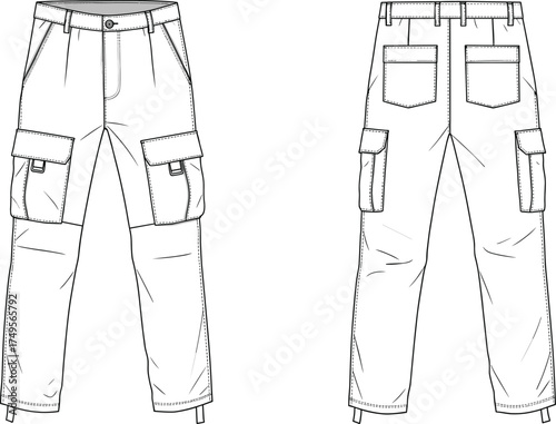 Technical flat vector illustration of men cargo pants front and back view with flap pockets and detailed stitching for apparel design