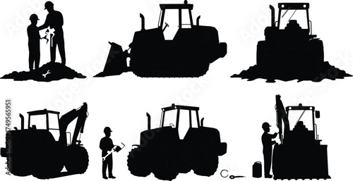 Silhouette of construction workers operating bulldozers and excavators, heavy machinery, earthmoving equipment, engineering site work, and industrial development process illustration