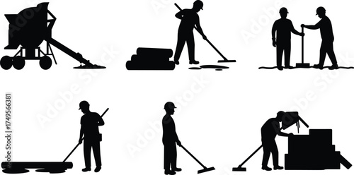 Silhouette of construction workers pouring and leveling concrete with tools, teamwork and heavy machinery on building site, construction industry concept illustration