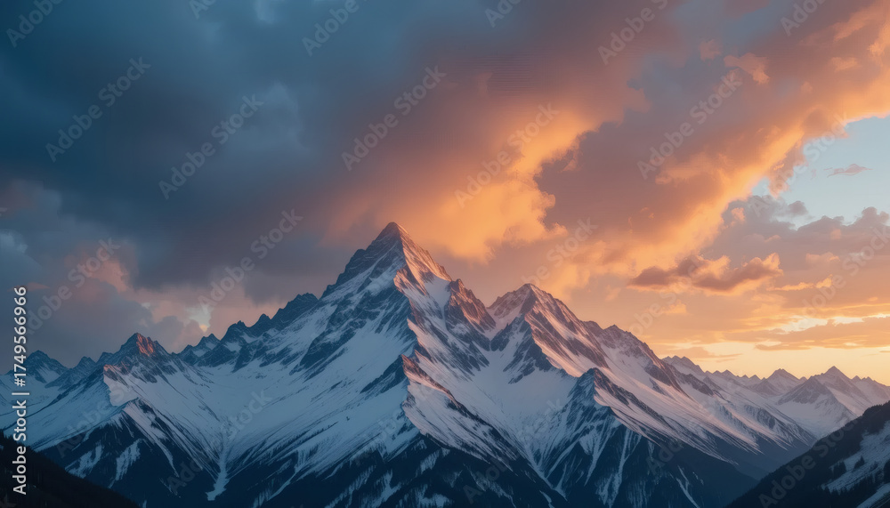 Obraz premium Majestic mountain peaks covered in fresh snow under dramatic sunset clouds