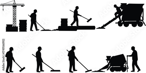 Silhouette of construction workers pouring and leveling concrete, operating cement mixer, teamwork on industrial site, building foundation and road construction scene illustration