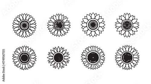 Hand drawn sketch collection of eight unique sunflower designs for artistic projects vector