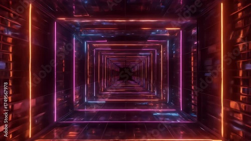 Abstract Neon Square Tunnel Background With Blue Orange Lights