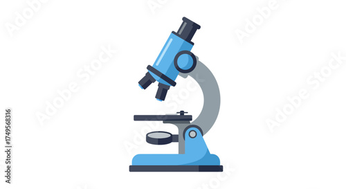 Illustration of a blue microscope with a gray arm and black lens on a white background.